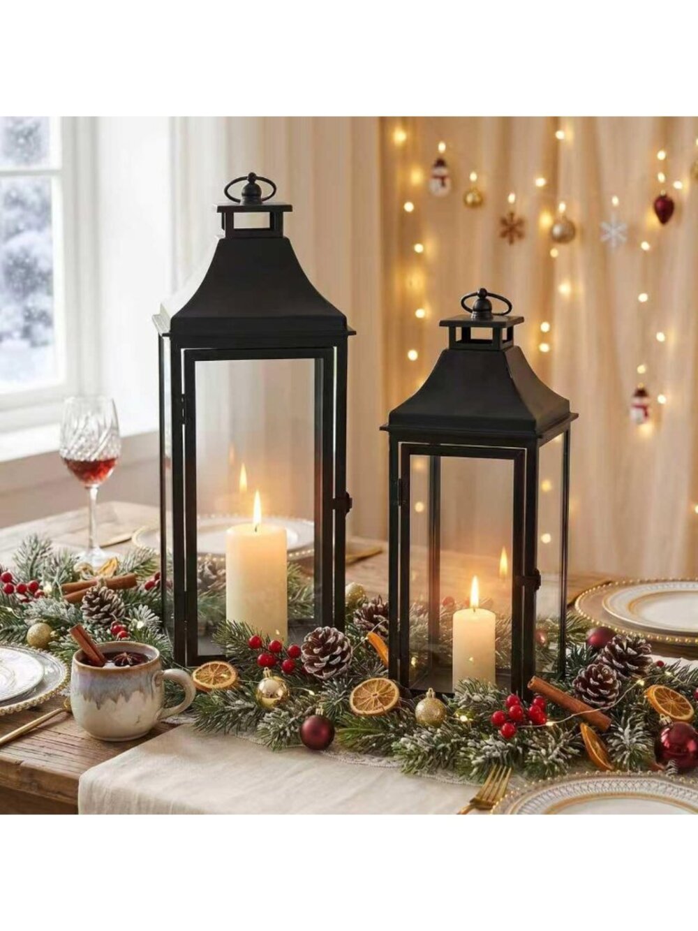 Elegant Black Outdoor Lanterns Set of 2 - Decorative Lighting for Patio & Garden